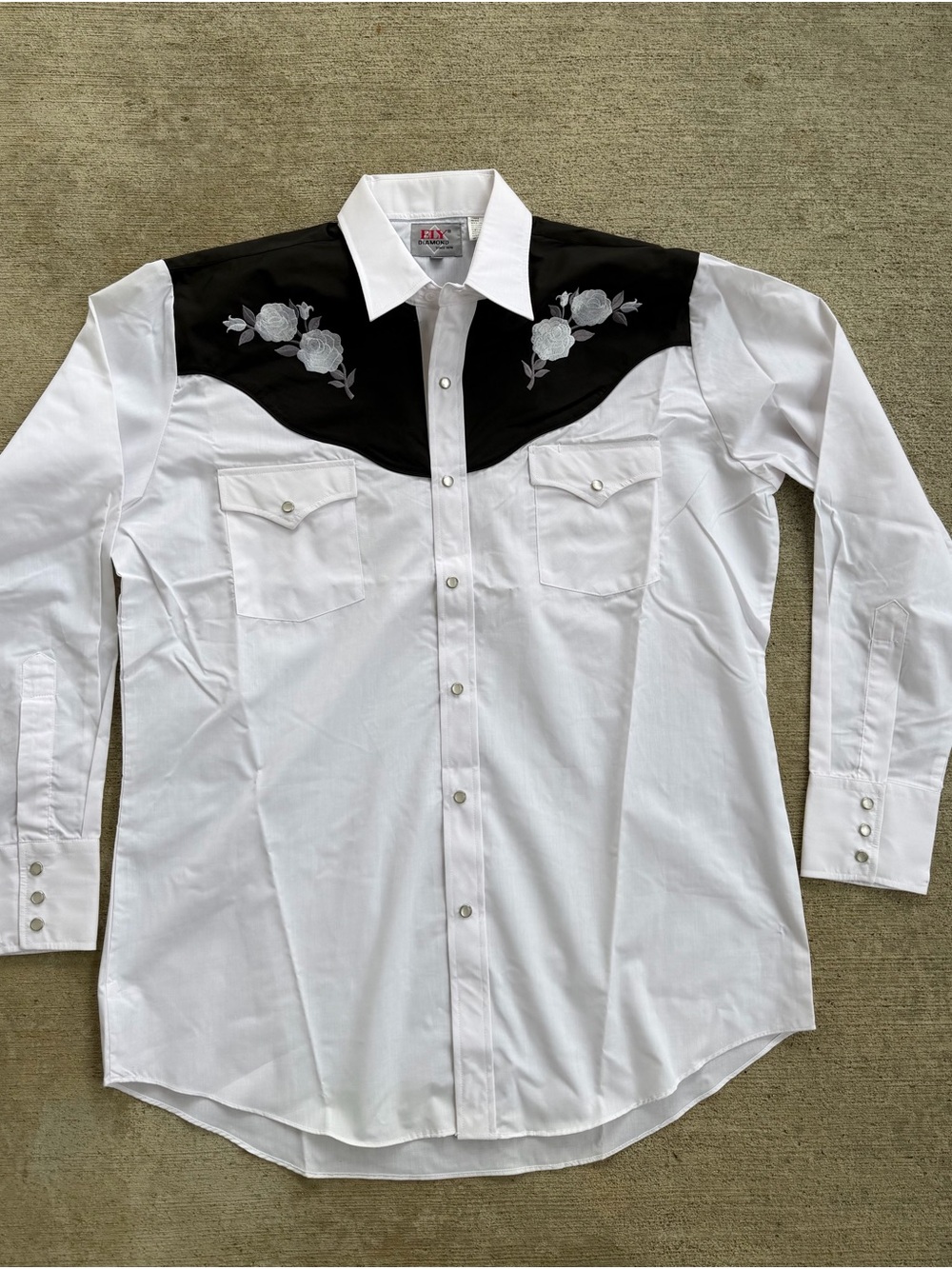 Ely Diamond Men’s Western Shirt White Black Roses Pearl Snap Button Size L, NEW